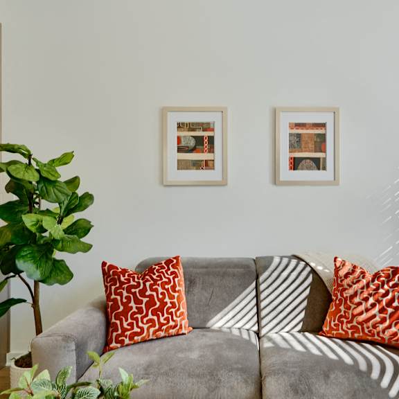 now leasing senior 1-bedrooms in baltimore, md. a grey couch with two orange pillows and a grey and white striped blanket.