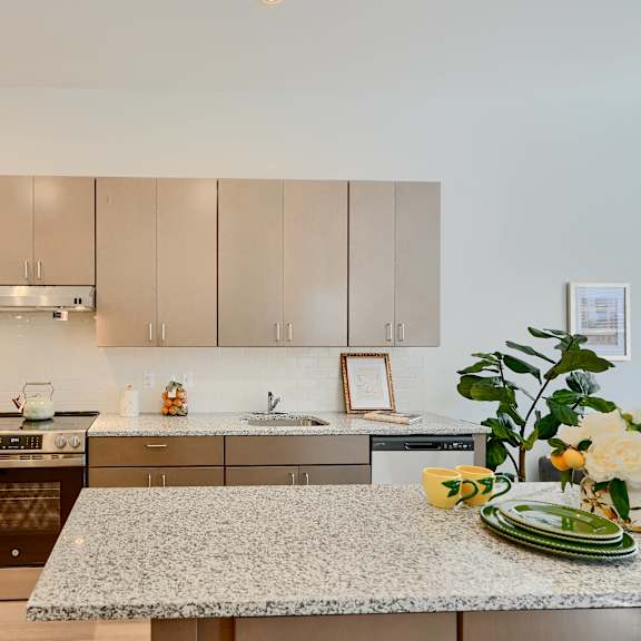 now leasing senior 1-bedrooms in baltimore, md. a kitchen with a refrigerator, oven, and sink.