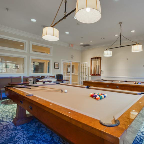 a game room with a pool table and a tv