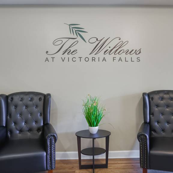 two black chairs in front of a wall with the widows at victoria falls