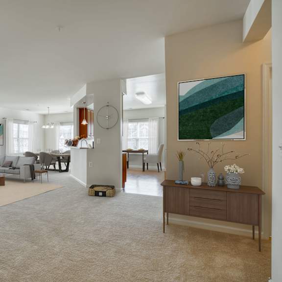 a living room with a couch and a table