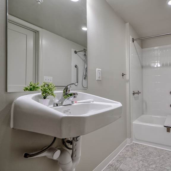 a bathroom with a sink and a shower and a tub