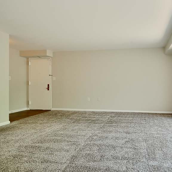 a room with a carpeted floor and a door on the left side.