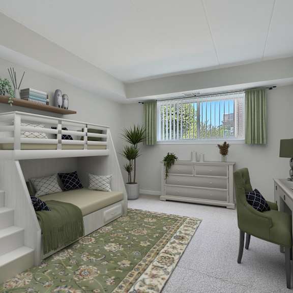 a room with a bunk bed, desk, and chair.