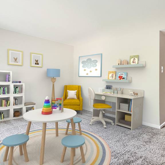 a room with a white table and yellow chair.