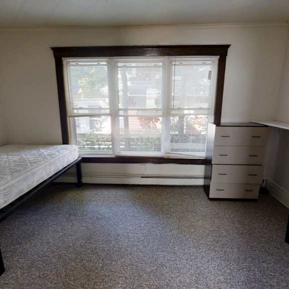 a bedroom with a bed, dresser, and desk.