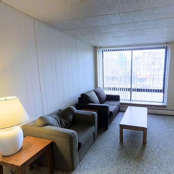 a living room with a grey couch, a white lamp, and a grey rug.