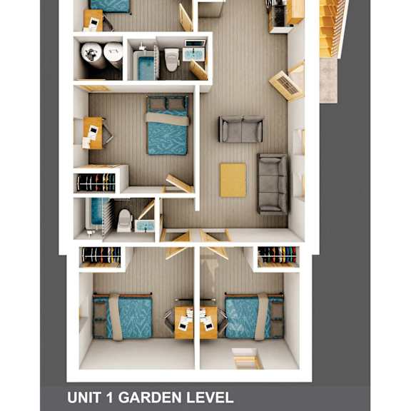 a diagram of a garden level apartment layout.