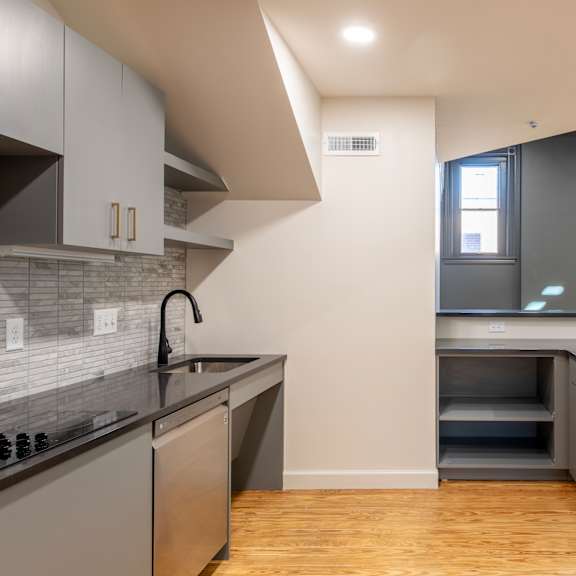 a modern kitchen with a stainless steel dishwasher and wooden floors.