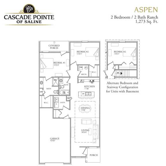 a drawing of a two bedroom, two bath ranch house plan.