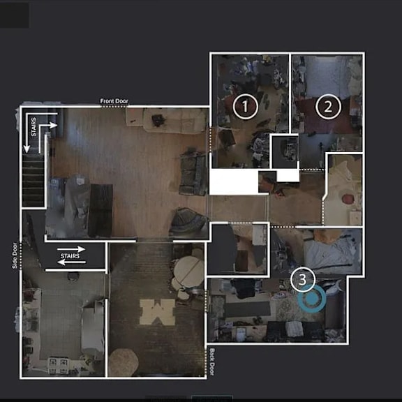 a floor plan of a room with a kitchen, living room, and bathroom.