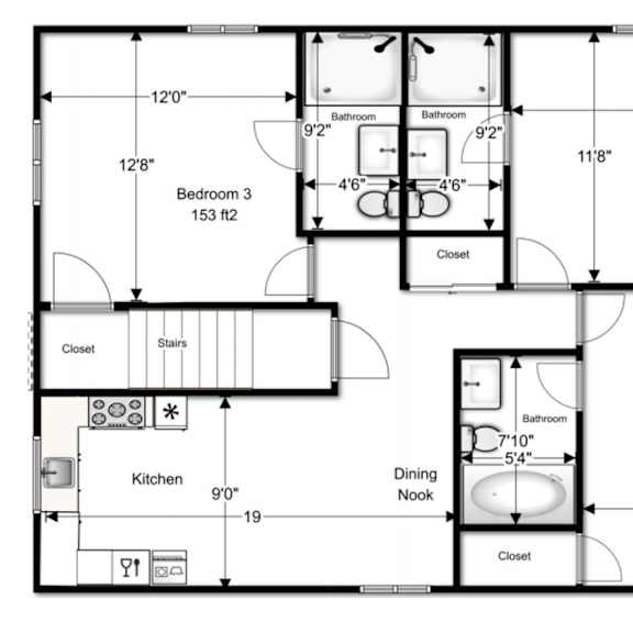 a floor plan of a house with three bedrooms and a kitchen.