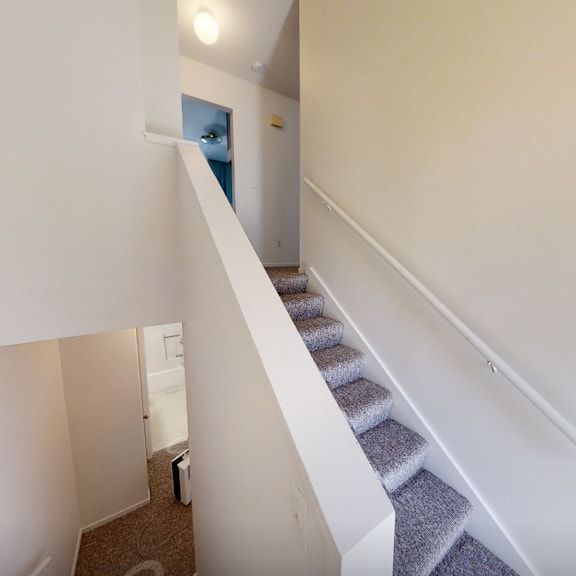 a staircase with a carpeted runner and white handrail.