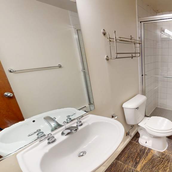 a bathroom with a white sink, toilet, and a walk-in shower.