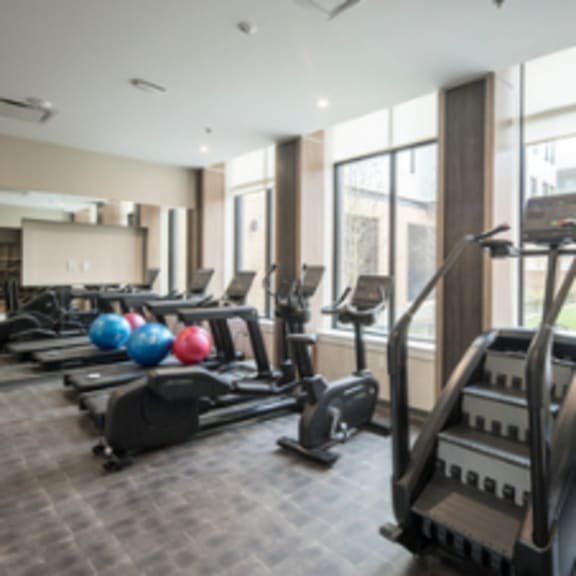 a gym with treadmills, elliptical machines and exercise balls.