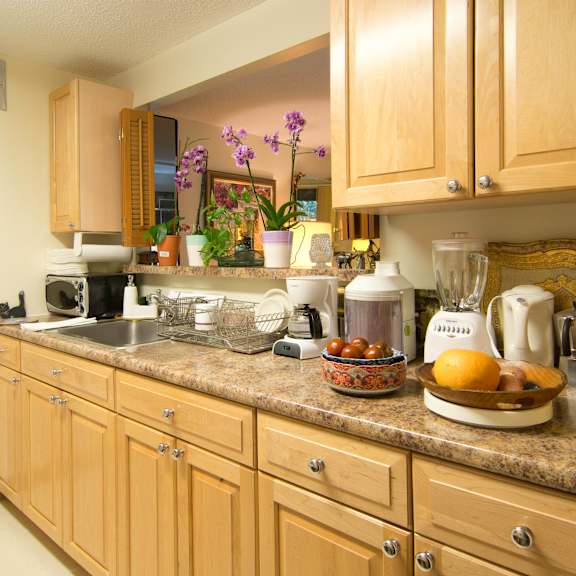 a kitchen with wooden cabinets and a granite counter top