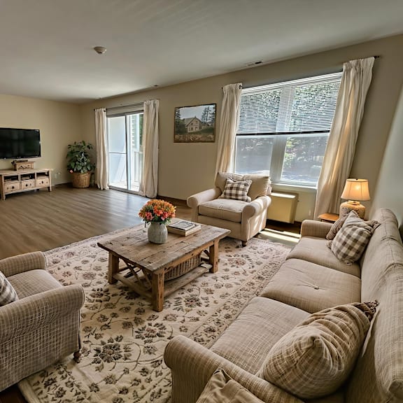 a living room with a couch, chairs, and a coffee table.