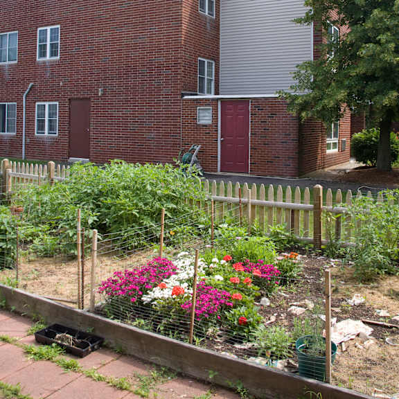 a garden in front of a brick building