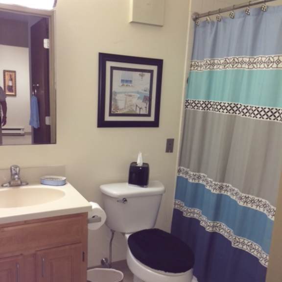 a bathroom with a bed and a mirror and a closet
