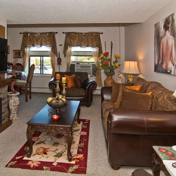 a living room with leather furniture and a television