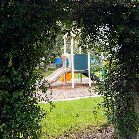 a playground is seen through a leafy archway.