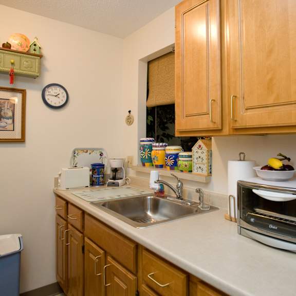 a kitchen with wooden cabinets and a sink