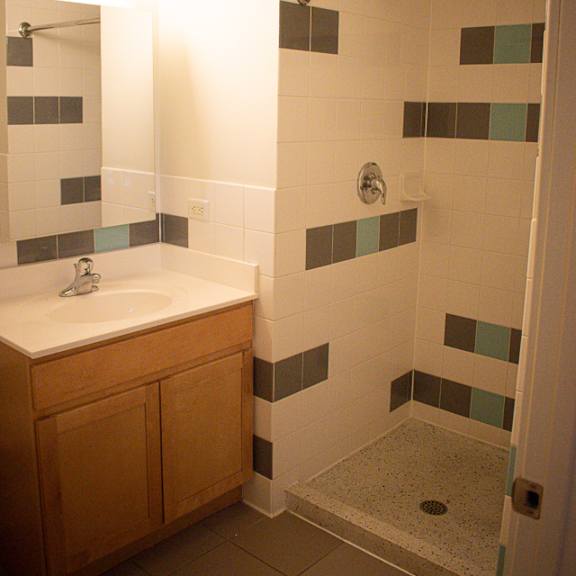 a bathroom with a sink and a shower