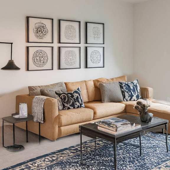 a living room with a tan couch, a coffee table, and a blue rug.