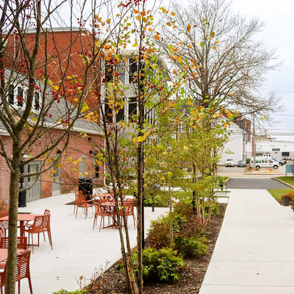 a walkway with chairs and trees in front of a building.