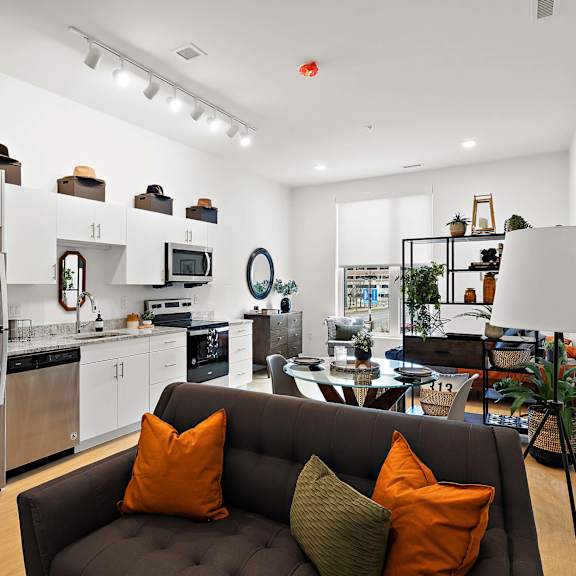 living and kitchen at the freelon at sugar hill, detroit, michigan 48201