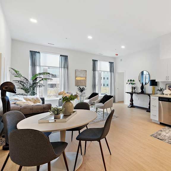 kitchen and dining at the freelon at sugar hill, detroit, mi 48201
