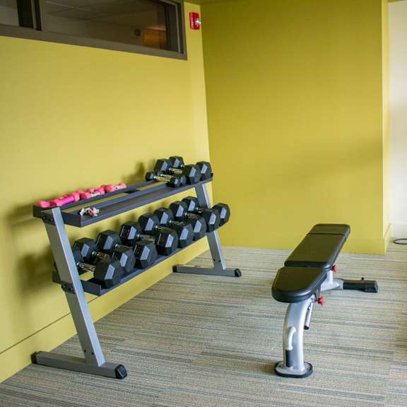 a gym with a treadmill and weights