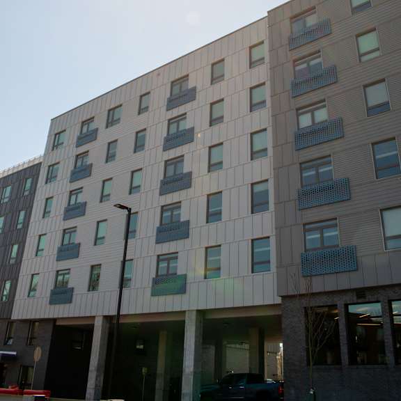 residential building exterior at the loop at mattapan station, massachusetts
