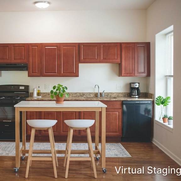 a kitchen with wooden cabinets and a black refrigerator.