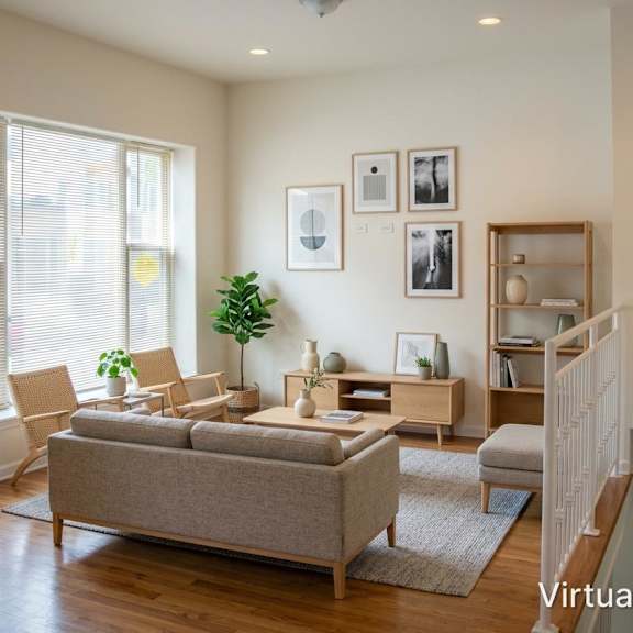 a living room with a grey couch and a green plant.