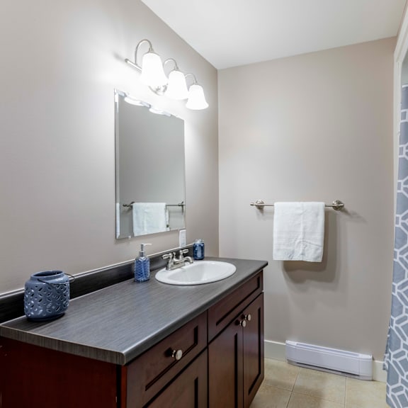 a bathroom with a sink, mirror, and towel rack.
