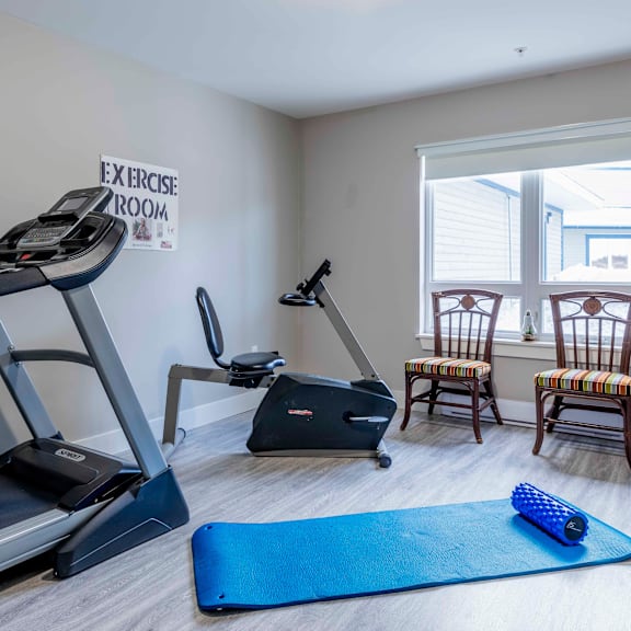 a room with a treadmill, exercise bike, and a yoga mat.