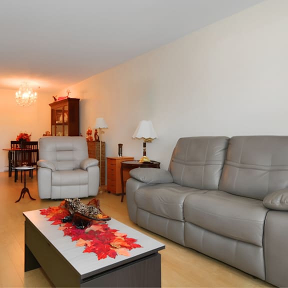 a grey sofa sits in a living room with a coffee table in front of it.