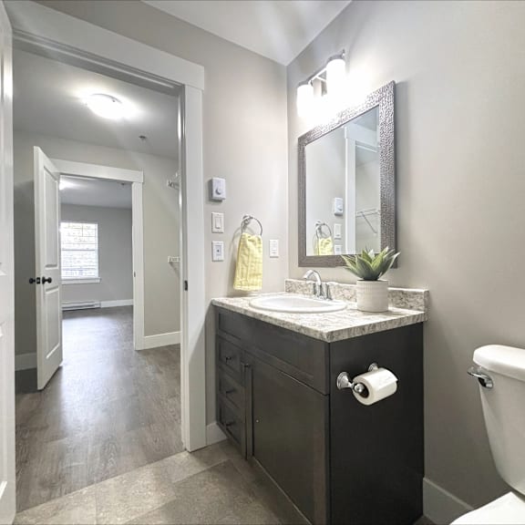 a bathroom with a sink, mirror, and toilet.
