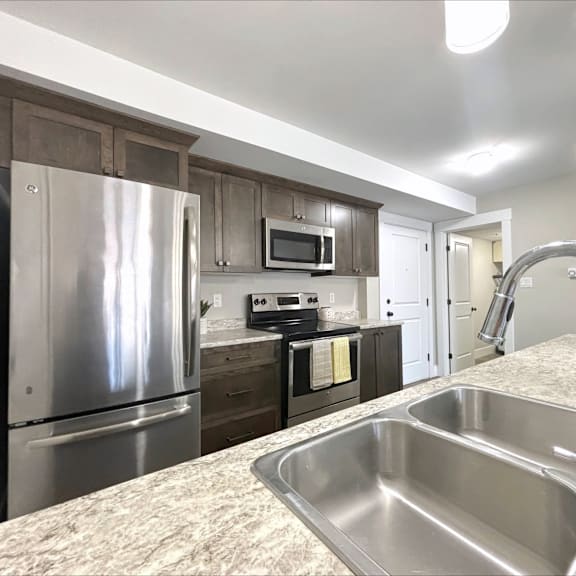 a kitchen with a stainless steel sink and refrigerator.