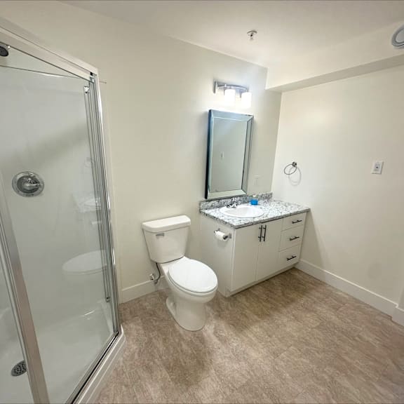 a bathroom with a toilet, sink, and shower.