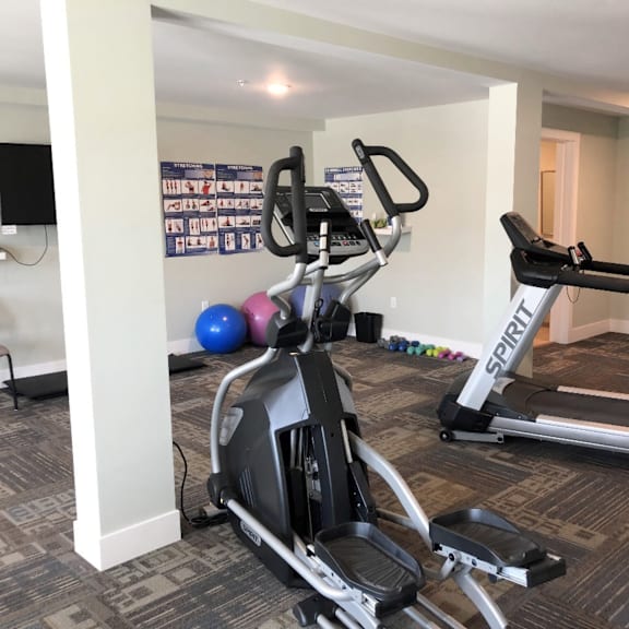 a gym with a treadmill, exercise bike, and weights.