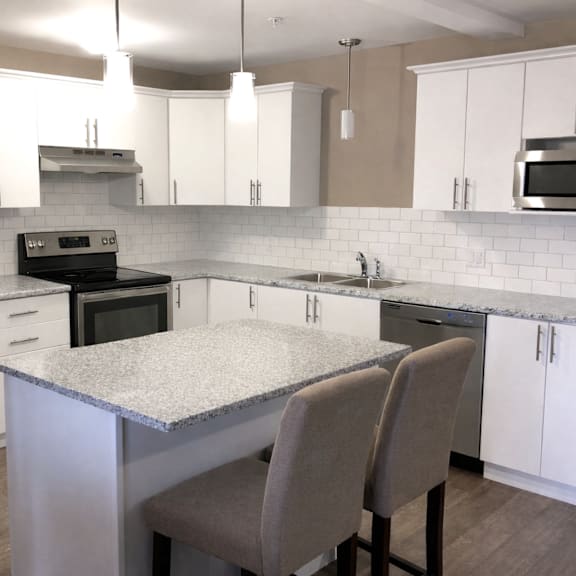 a kitchen with a granite countertop and stainless steel appliances.