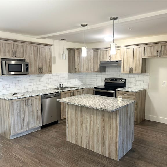 a kitchen with wooden cabinets and a granite countertop.
