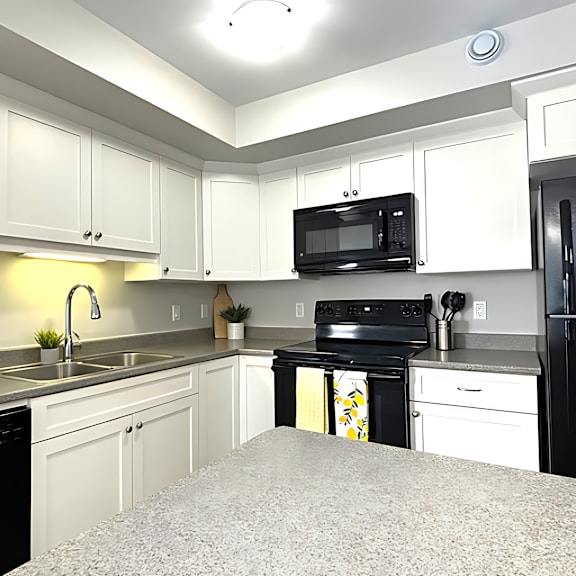 a kitchen with black appliances and white cabinets.