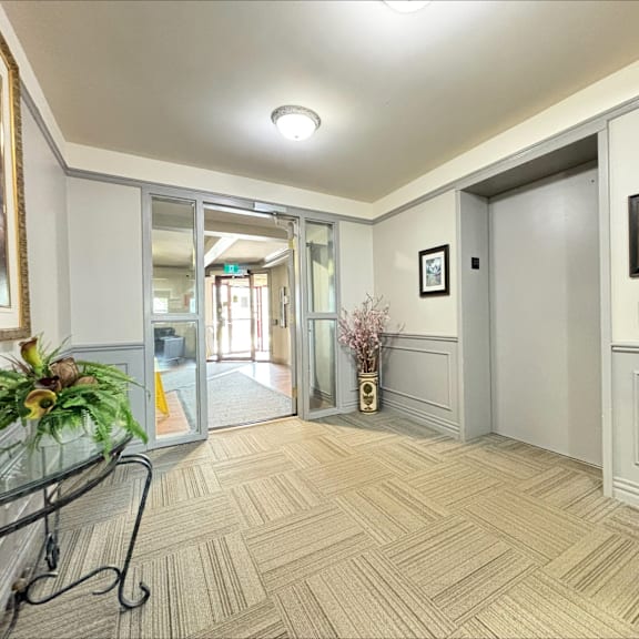 a hallway with a glass table and a plant on it.