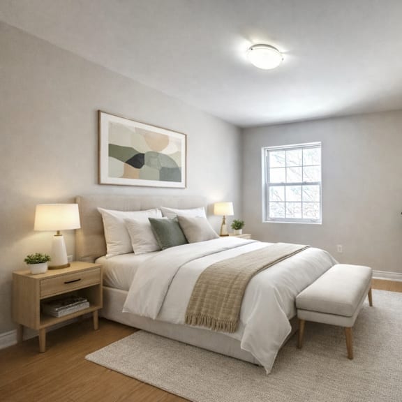 a bedroom with a large bed, a nightstand with a lamp, a window, and a potted plant.