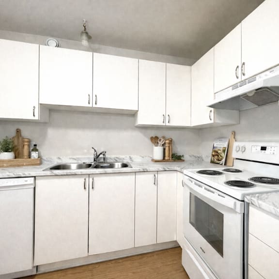 a white kitchen with a stove, sink, and cabinets.