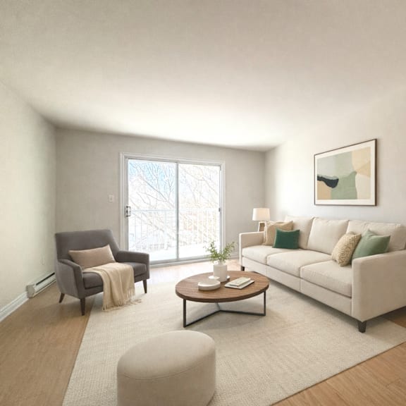 a living room with a grey armchair, a white sofa, a coffee table, and a large window.