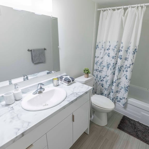 a white bathroom with a sink, toilet, and shower.